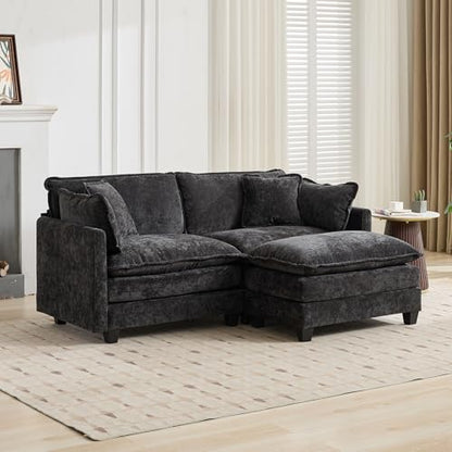 76.7” Oversized Black Loveseat Sofa, 2 Seater Large Sectional Couches for Living Room, Chenille Fabric Modular Sectional Sofa with 1 Ottoman, Deep Seat Home Sofas Set, Love Seat Couches - color: Black, size: 2 Seater + 1 Ottoman