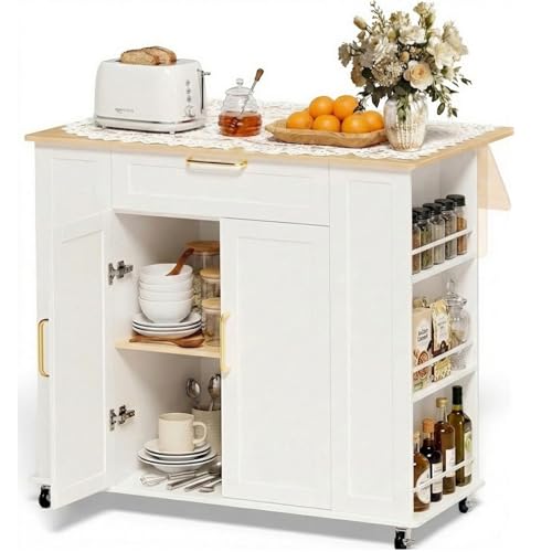 Faesun Kitchen Island on Wheels with Storage, Portable Kitchen Cart with Foldable Drop Leaf & Adjustable Shelves, Rolling Kitchen Island Cabinet with Spice Rack & 5 Casters, FSC Wood, White