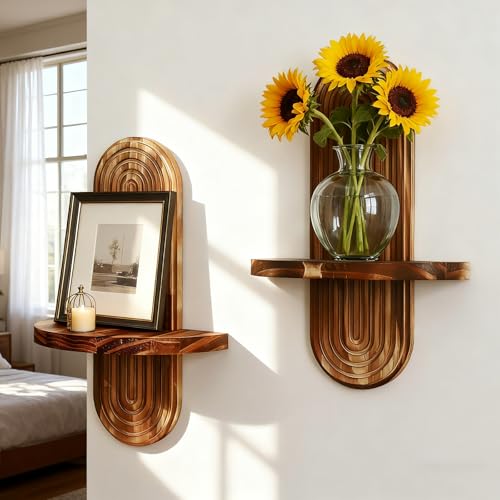Artilady Floating Shelves for Wall Decor Boho, Wood Trinket Storage Shelf | Mid Century 2 Tier Plant Candle Holder, Rainbow Arched Modern Decor for Bedroom Living Room Office Apartment, 2 Pack - color: 1 Dark Brown