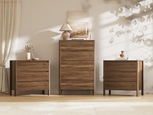 MAISONARIA Walnut 3-Piece Dresser Bedroom Set, 5 Drawers Dresser & 3 Drawer Nightstands with Hidden Handles, Wood Chest of Drawers for Bedroom, Living Room, Entryway - color: Walnut, size: 5+3
