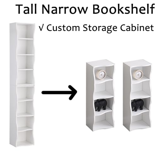 Tall Narrow Bookshelf, 8-Tier Tall Skinny Shelf with Adjustable Shelves, Narrow Bookcase for Small Spaces, 70.87" Slim Bookshelf for Home Office, Easy to Assemble, White - color: A-white