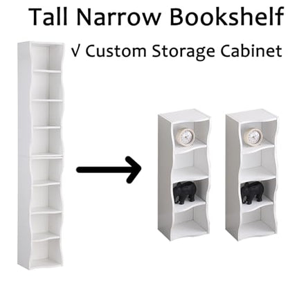 Tall Narrow Bookshelf, 8-Tier Tall Skinny Shelf with Adjustable Shelves, Narrow Bookcase for Small Spaces, 70.87" Slim Bookshelf for Home Office, Easy to Assemble, White - color: A-white