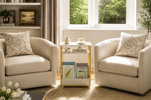 Narrow Side Table,3-Tier Slim End Table with Storage Shelf,Modern Sofa Table Thin Side Table for Small Spaces, Skinny Bedside Table Small Nightstand with Magazine Rack Space Saving/White+Gold - color: White+gold