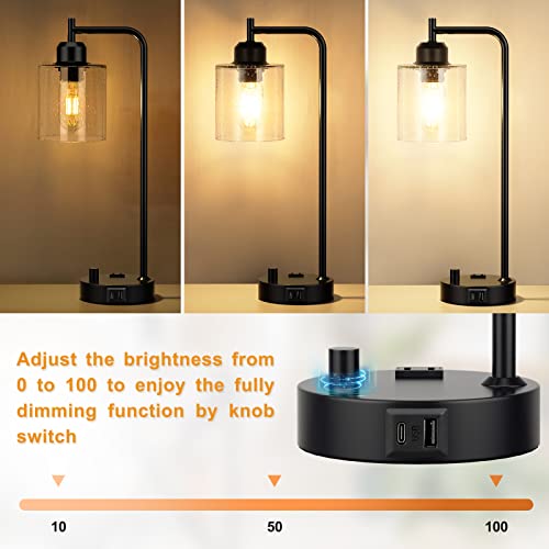 Industrial Desk Lamp, Fully Dimmable Small Bedside Table Lamp, Black, USB C | Glass Shade, USB C+A Charging Port & Outlet, Lamps for Bedroom, Night Stand, Home Office, Living Room - color: Clear Seeded