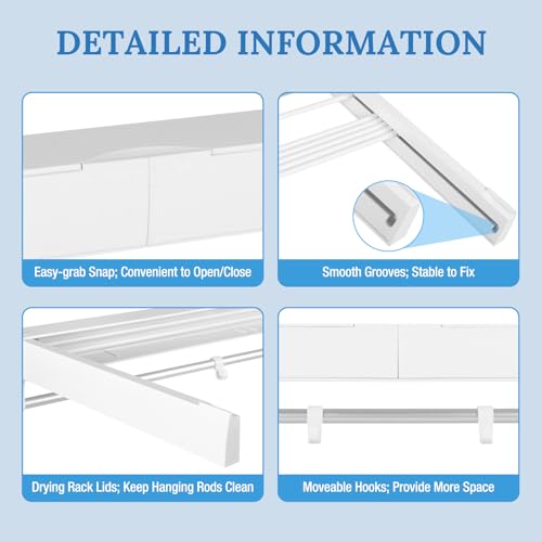 Wall Mounted Clothes Drying Rack with 7 Retractable Rods & 4 Hooks, 33-Inch Foldable Laundry Rack, Space Saving Collapsible Indoor Drying Rack with Wall Template, Heavy-Duty White Aluminum & ABS