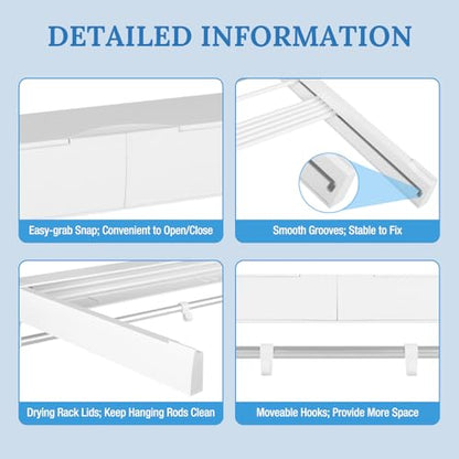 Wall Mounted Clothes Drying Rack with 7 Retractable Rods & 4 Hooks, 33-Inch Foldable Laundry Rack, Space Saving Collapsible Indoor Drying Rack with Wall Template, Heavy-Duty White Aluminum & ABS
