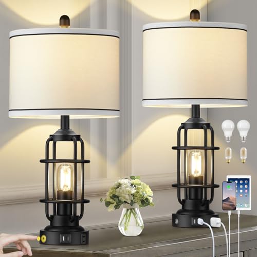 Modern Table Lamps Set of 2, Industrial 3-Way Dimmable Bedside Lamp with USB A+C Ports & AC Outlet, 25" Touch Control Nightstand Lamp LED Night Light for Living Room Bedroom Home(4 Bulbs Included) - color: Black-1
