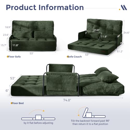 MAXYOYO Adjustable Folding Sofa Bed Couch with 2 Pillows, Dark Green | Multi-Functional Bean Bag Bed, 5-Position Foldable Lazy Floor Sofa Bed with Armrest, Versatile Floor Seating for Reading - color: Dark Green