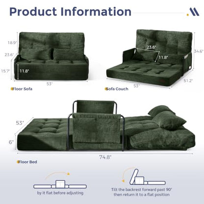 MAXYOYO Adjustable Folding Sofa Bed Couch with 2 Pillows, Dark Green | Multi-Functional Bean Bag Bed, 5-Position Foldable Lazy Floor Sofa Bed with Armrest, Versatile Floor Seating for Reading - color: Dark Green