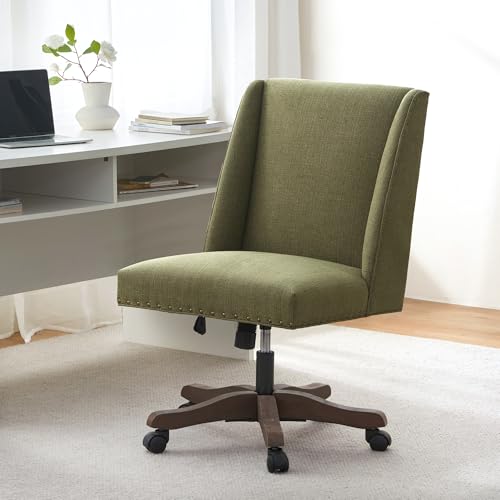 Upholstered Armless Office Chair Fabric Swivel Home Desk Chair with Wheels | Modern Comfy Boho Office Chair with Wooden Legs Adjustable Desk Chair no Arms for Sewing Women Farmhouse Study Studio Green - color: Green