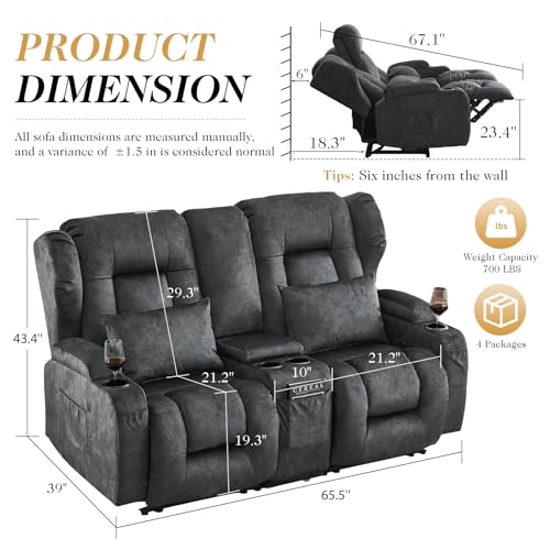 Loveseat Recliner Sofa,RV Wall Hugger Recliners with Console,Reclining Loveseat Sofa Recliner with Cup Holders/Lumbar Pillows for Small Spaces,RV Furniture (Gray,66" 2-Seater) - color: Grey, size: 66" 2-Seater