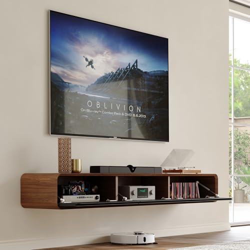 POVISON Fully-Assembled Minimalist Floating TV Stand, Modern Wall-Mounted Entertainment Center with 3 Flip-Down Cabinet Doors, Wood Media Console - color: Walnut & Black, size: 62.99"