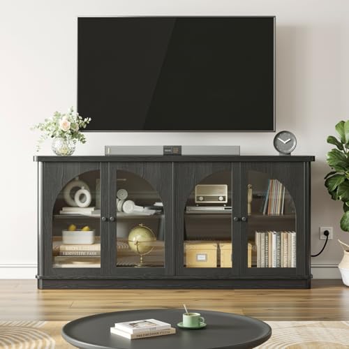 63 Inch Sideboard Buffet Cabinet with Glass Doors, Credenzas Cabinet, Black | 4 Doors, Arched, Large, Adjustable Shelves, Modern Style, for Living Room, Kitchen, Entryway
