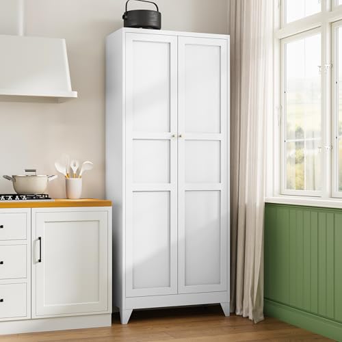 75" H Metal Storage Cabinet with 2 Doors and 4 Shelves,Tall Kitchen Pantry Cabinets,Farmhouse Utility Pantry Organizers for Cupboard/Dining/Bathroom/Home Office/Garage Room,White - color: White, size: 16” D x 32” W x 75” H-B