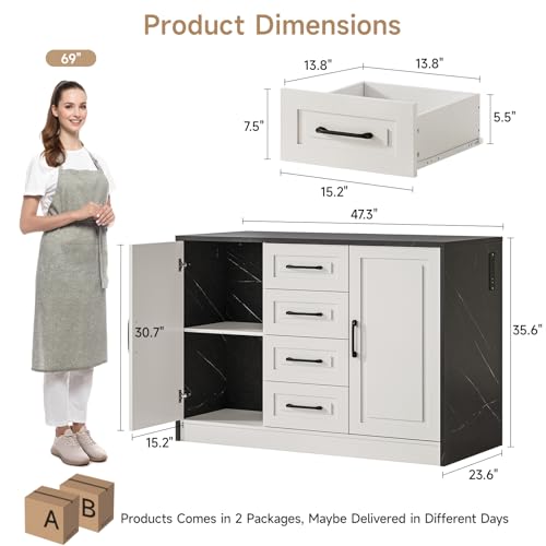 Kitchen Island with 2 Storage Cabinets & 4 Drawers, Black+Imitation Marble | Modern Extra-Large Work Surface Dining Table with Power Outlet, Island Bar Table for Kitchen Dining Room Living Room
