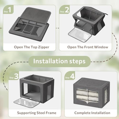 FHSQX 3 Pack Clothes Storage Bins with Metal Frame | Dark Gray, 15.7x11.8x11.8inch (36L) ,Foldable, Stackable Linen Fabric, Carrying Handles, Clear Window - color: Dark Gray, size: 15.7x11.8x11.8inch(36L)