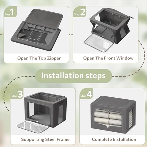 FHSQX 3 Pack Clothes Storage Bins with Metal Frame | Dark Gray, 19.7x15.7x13inch (66L) Foldable , Stackable, Linen Fabric, Carrying Handles, Clear Window - color: Dark Gray, size: 19.7x15.7x13inch(66L)