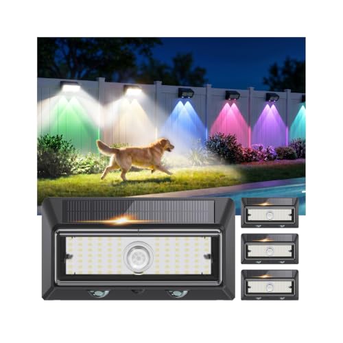Tenmiro Solar Motion Sensor Lights 4 Pack, 2-in-1 Outdoor Wall Lights IP65 Waterproof with 36 LED Sensor Main Light + 2 LED 9 Color RGB Ambient Lighting Solar Lights for Patio Yard Fence Garden Decor - size: 4 Pack