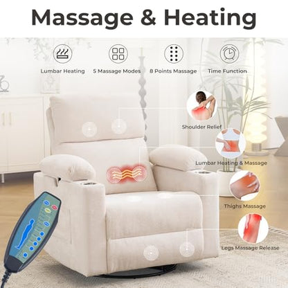 Rocking Chair Nursery with Adjustable Armrests, Electric Glider Recliner Nursing Chair, Power Swivel Recliner Chairs with Massage and Heat, Adjustable Headrest, FSC Certified, White - color: White, size: Power Recliner