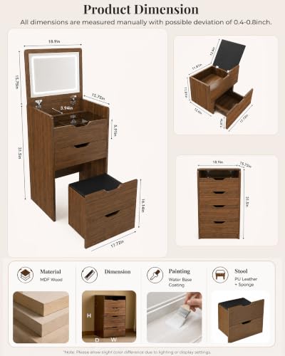 Small Vanity with Mirror and Lights for Small Space, 3-in-1 Compact Makeup Vanity Desk with Storage, Flip Top Vanity Table with Hidden Stool, 3 Color Mode, Drawers & Jewelry Organizer, Mini Vanity Set - color: Walnut+black, size: 19"