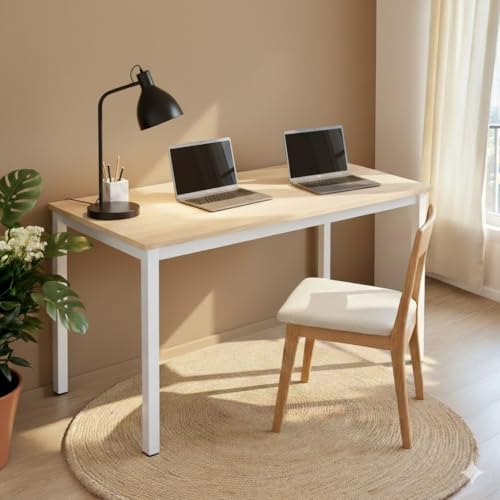 55 inch Large Computer Desk Wood, Modern Simple Style Desk for Home Office, Bedroom, Study Student Writing Desk, Small Spaces, White Metal Frame, Apple Wood Grain Top - color: Apple Wood, size: 55"