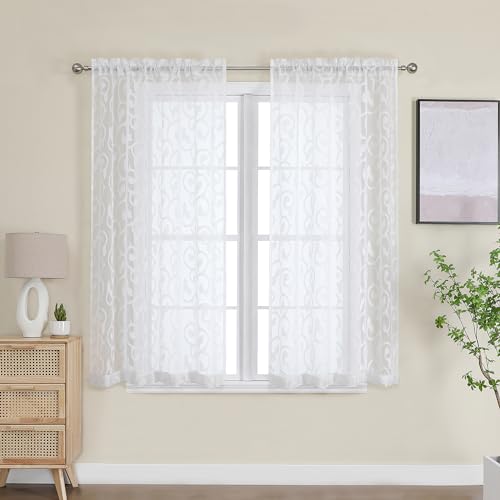Furman White Sheer Curtains 45 Inch Length 2 Panels Set for Living Room Bedroom Bathroom Window, Airy Jacquard Clip Short Curtains for Small Window, 40Wx45L inch - color: White, size: 40"W x 45"L (Pack of 2)