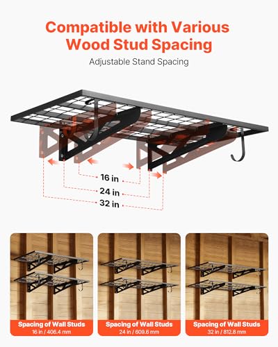VEVOR 2-Pack Heavy Duty Garage Wall Shelving, 2 x 4 ft Steel Wall Mounted Shelving Unit with Hooks, 24 x 48 Inch Per Shelf Floating Storage Metal Rack for Garage, 500 lbs Total Weight Capacity - size: 2×4 ft