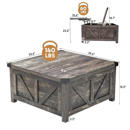 jimeimen Farmhouse Lift Top Coffee Table with Storage, Wood Square Center Table with Charging Station&USB Port, Living Room Table w/Large Hidden Space, for Living Room, Bedroom, Home Office, Dark Grey - color: Dark Grey