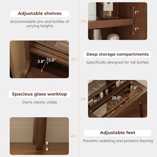 Large Vanity with Mirror and Power Outlet, Wood Vanity with Chair, Makeup Table Sets for bedrooms and bathrooms, Walnut Dressing Table - size: 1 desk + 1 chair