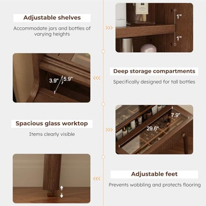 Large Vanity with Mirror and Power Outlet, Wood Vanity with Chair, Makeup Table Sets for bedrooms and bathrooms, Walnut Dressing Table - size: 1 desk + 1 chair