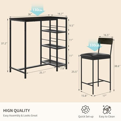 GarveeLife Dining Table Set for 2, Counter Height Bar Table Set with Storage ＆ Stools, High Top Pub Table and Chairs for Kitchen, Dining Room, Sofa Side, Apartment, Breakfast Nook - color: Black