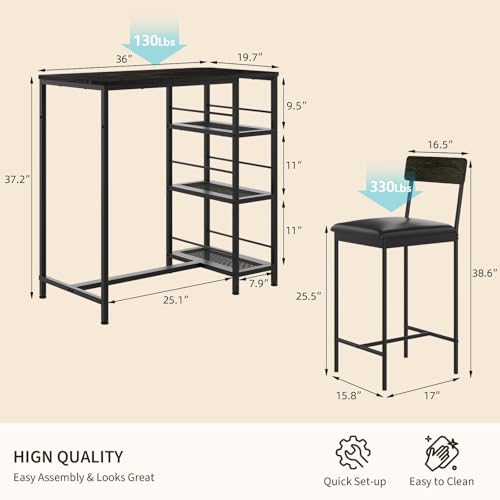 3-Piece Counter Height Dining Set for 2, Small Space Pub Table with 2 Upholstered High-Back Stools, Narrow Kitchen Bar Table with 3-Tier Storage Shelf, Industrial Dining Set for Breakfast Nook - color: Black