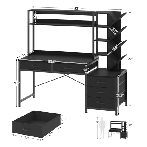 52" Computer Desk with Bookshelf, 5 Drawers ＆ Hutch for Bedroom | Black Office Desk with Printer Shelf, Study Writing Desk with Storage Shelves - color: Black