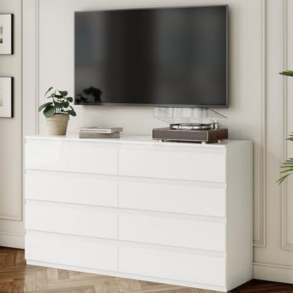 White 8 Drawer Dresser for Bedroom Wooden Closet Storage | Wood Dresser, Modern High Gloss, Handle-Free, for Entryway, Living Room, TV Stand - size: 15.4"D x 55.1"W x 33.9"H (8 Drawers)