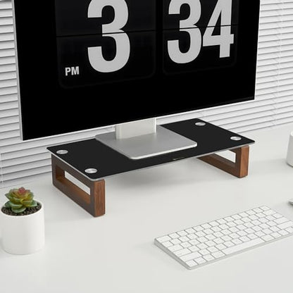 YEOUX Black Glass Computer Monitor Stand Riser with Wooden Base for Flat Screen LCD, LED TV, Laptop, Printer, Multi Media Desktop Stand, Office Supplies Desk Organization - color: Walnut&Black