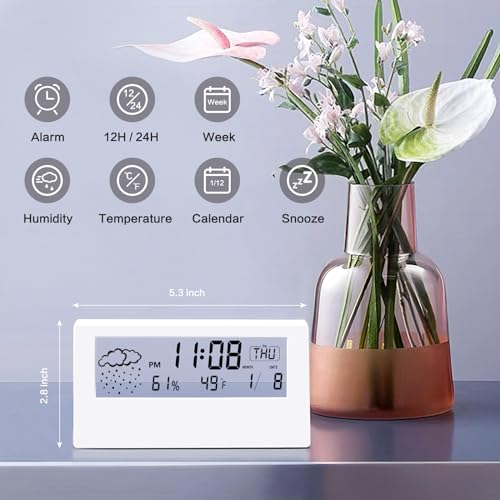 Digital Alarm Clock,Transparent Modern Design, Temperature, Humidity, Snooze, Aesthetic Home & Office Decor, Battery Operated Desk Clock for Office,Living Room,Shelf, Bedroom, White