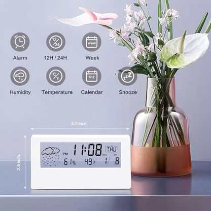 Digital Alarm Clock,Transparent Modern Design, Temperature, Humidity, Snooze, Aesthetic Home & Office Decor, Battery Operated Desk Clock for Office,Living Room,Shelf, Bedroom, White