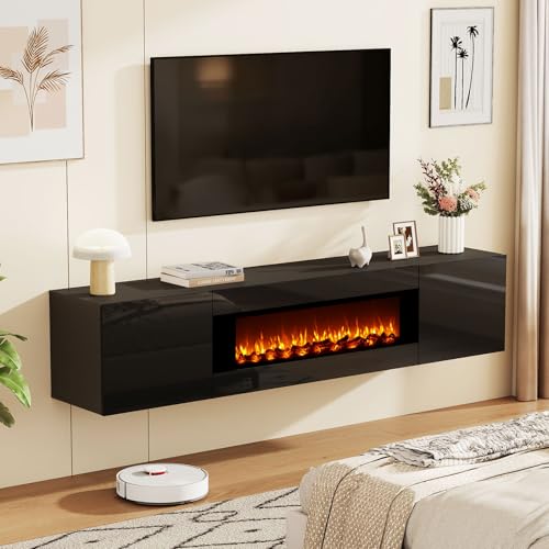 70" Wall Mounted Floating TV Stand with 36" Electric Fireplace, High Gloss Floating Entertainment Center TV Shelf for TVs Up to 80", Black Fireplace Media Console Table Floating TV Cabinet Living Room - color: Black, size: 70"-with fireplace
