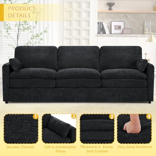 3 Pieces Chenille Sofa Set w/Two Arm Pillows, Black | Upholstered Loveseat & 2 Pieces 3-Seater Sofa w/Soft Cushions, Modern 2-Seat & 3-Seat w/High-Density Foam for Living Room - color: Black, size: 69" & 89" & 89" Sofa Set