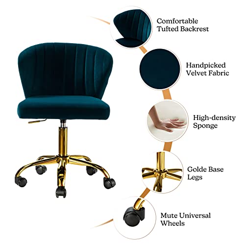 TINA'S HOME Office Desk Chairs with Wheels & Gold Base, Modern Velvet Cute Armless Office Chair, Adjustable Low Back Swivel Rolling Chair, Upholstered Task Chair for Living Room Vanity Study-Teal | Modern Velvet Cute Armless Office Chair, Adjustable Low B