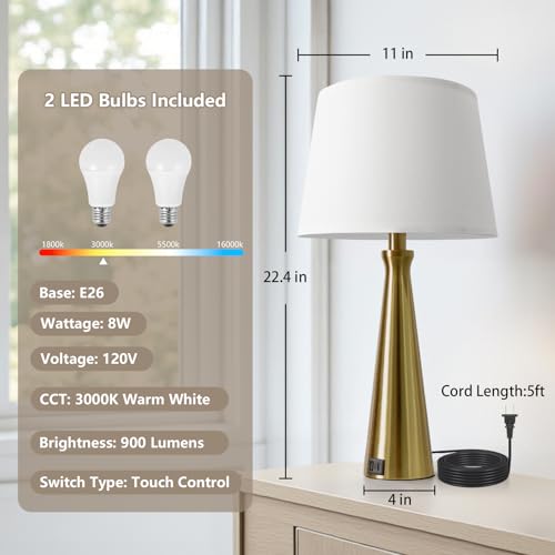 Modern Touch Lamps for Nightstand, 3 Way Dimmable Bedroom Lamp Set of 2 | USB C+A Charging Ports, Gold Bedside Lamps for Bedroom, Living Room, End Table, Bed Side, LED Bulb Included - color: G. Gold Base-White Shade