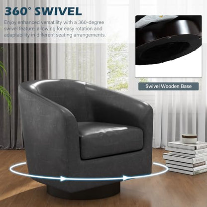 Swivel Accent Chair, PU Leather Upholstered Barrel Club Chair, Black | Modern Round Armchair | Comfy Reading Seat with Removable Cushion | For Living Room, Bedroom, Office - color: Black