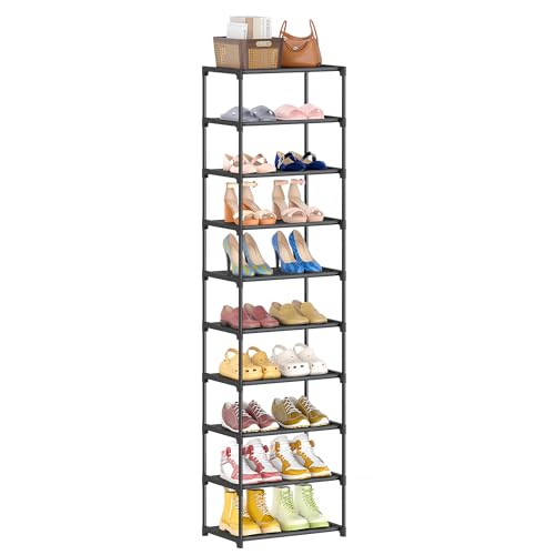 Autonomier 10 Tier Tall Shoe Rack, Non-Woven Fabrics Narrow Shoe Shelf | Vertical Compact Storage Organizer, Small Space Saving for Closet Floor, Front Door Entrance, Entryway, Black - size: 10-Tier