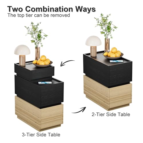 End Table with Charging Station, Nightstand with Drawers and Storage | Narrow Side Table with USB Ports and Power Outlets for Living Room and Bedroom, Black and Brown