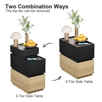 End Table with Charging Station, Nightstand with Drawers and Storage | Narrow Side Table with USB Ports and Power Outlets for Living Room and Bedroom, Black and Brown