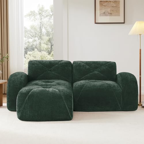 Green Loveseat Sectional Couches for Living Room, Velvet Fabric Boneless Couch, No Assembly Cloud Modular Sectional Sofa Love Seat with 1 Ottoman, Foam Couch Compressed Sofa Set, Sofas para Sala - color: Green, size: 2 Seater + 1 Ottoman