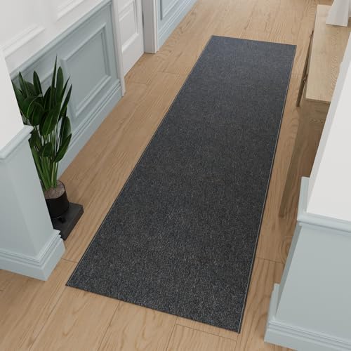Ottomanson 1'10" x 14' Ultra-Thin Hallway Runner Rug - Durable Non-Slip Carpet for High-Traffic Areas - Fits Under Doors for Seamless Entry - Ideal for Kitchen, Entryway, Bedroom & Living Room, Black - color: Black, size: 1'10" x 14' (22" Wide)