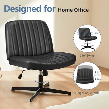 DUMOS Criss Cross Chair No Wheels, Wide Seat Cross Legged Office Desk Vanity Chair, Faux Leather Armless Height Adjustable Swivel Task Computer Chairs for Home, Study, Black PU - color: Black Pu