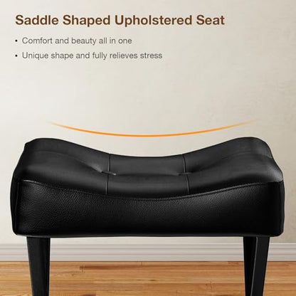 18-Inch Leather Vanity Stool Chair, Black | Vanity Bench, Metal X-Leg, Ottoman Accent Stool, Thick Padded Saddle Seat, 300 LBS, 16.3"x12.4"x18", For Living Room, Bedroom - size: Small, style: Black Leather
