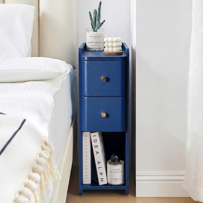 Narrow Nightstand Set of 2, Wooden Small 2 Drawer Nightstand, Slim Side End Table, Skinny Bedside Table, Mid Century Modern Night Stand with Drawers for Bedroom (Blue-1 pc) - color: Blue-1 Pc